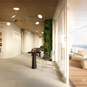 Wineo Purline 1500 Portland Concrete Light í opnu rými með bar