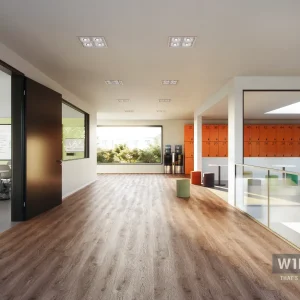 Wasserzeichen_Raumbild_Durban-Oak-Brown-PLR392C_Steel-Grey-PLR023C Wineo Purline 1500 dúkur, Durban Oak Brown og Steel Grey á gangi